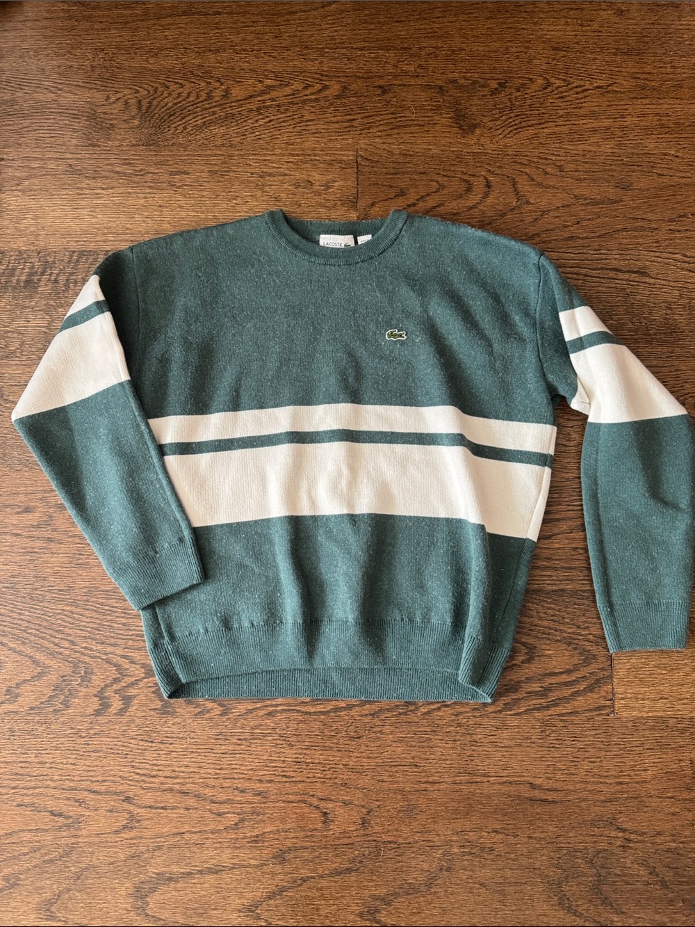 Lacoste Kids Green and White Striped Crewneck Sweater